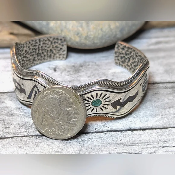 Carolyn Pollock Vintage Rare Storyteller Sterling & Inlay Stone Cuff Bracelet - Picture 6 of 10